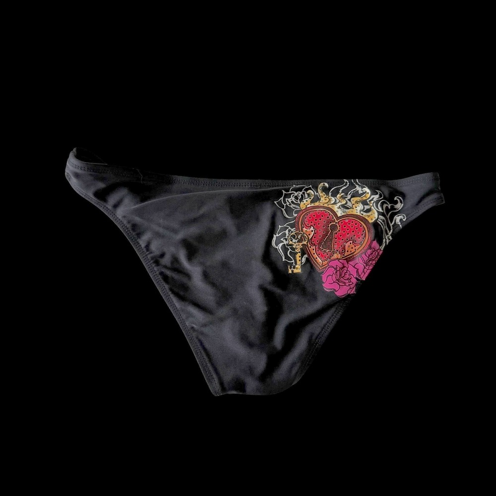 Split Y2K Black Heart Graphic Rhinestone Ruched Side Bikini Bottom Size Small